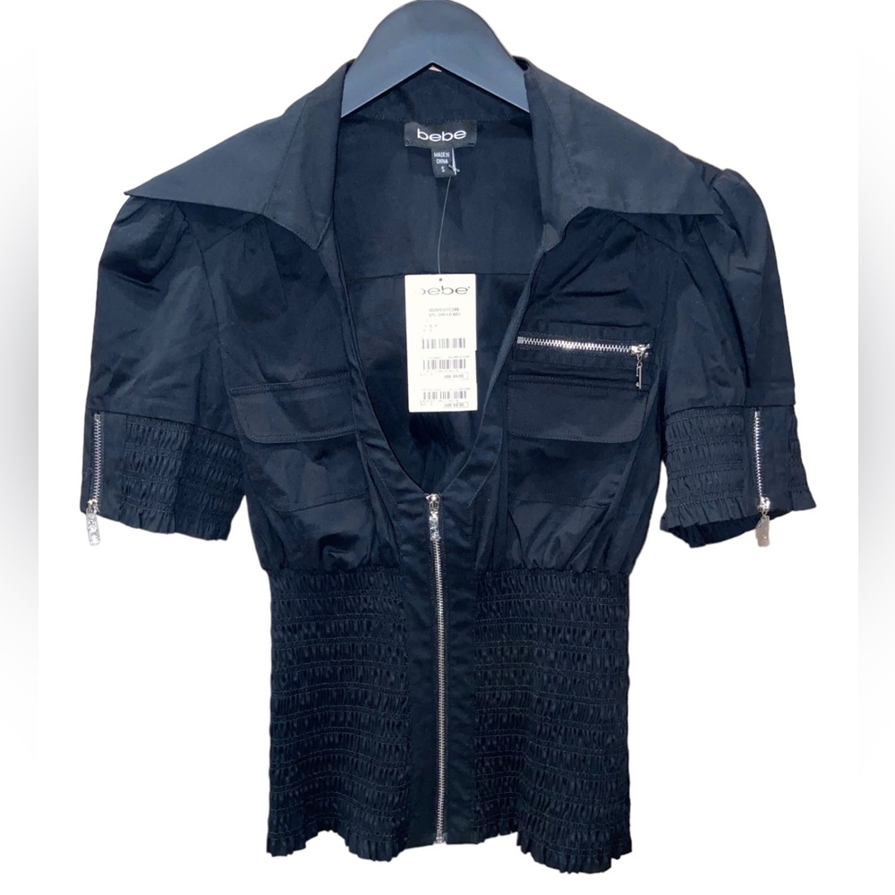 bebe NWT smocked zip up top, size small, black, silver hardware